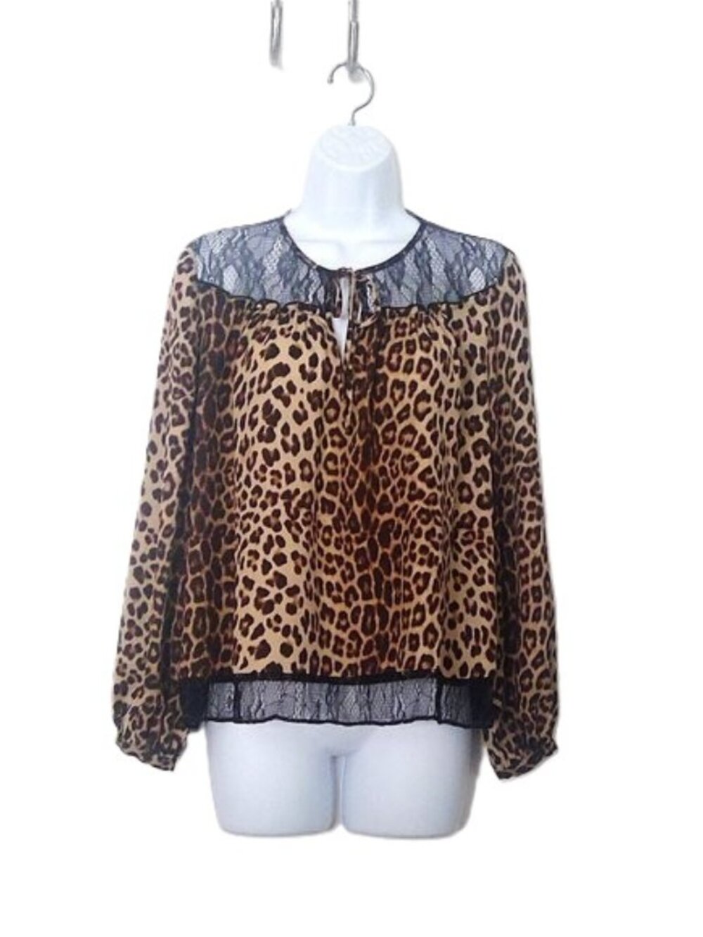 Zara Basic Collection Flowy Leopard Print Boho Top V-Neck Black Lace Trim Sz  S